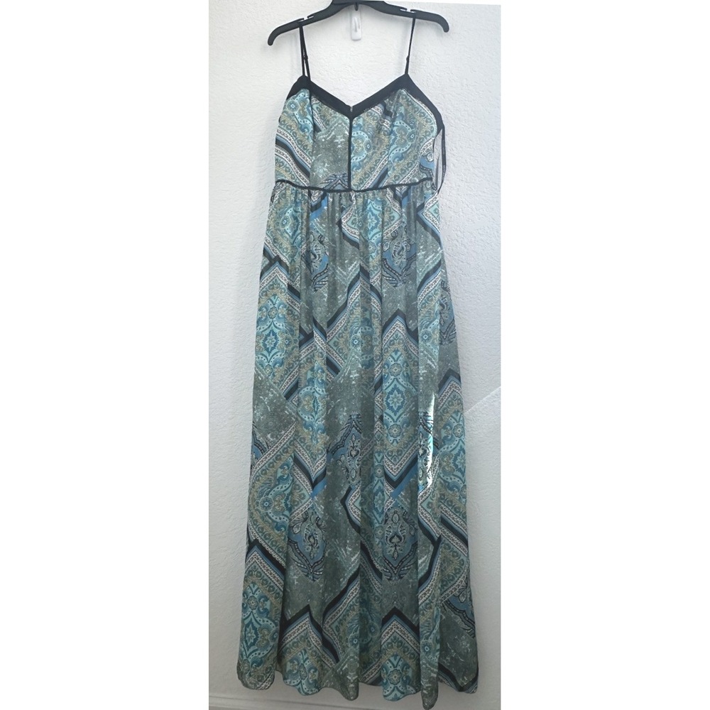 NWT BISOU BISOU Michele Bohbot Teal Scarf Tile Print Black‎ Trim Maxi Dress 14
